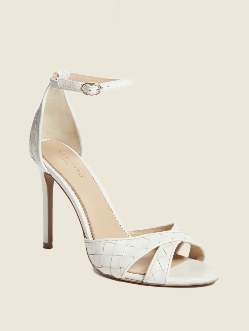 Guess Abieli Woven Leather Stiletto Women's Sandals White | 8654-SFBOT