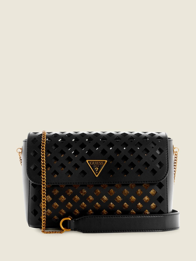 Guess Aqua Perforated Flap Women's Crossbody Bags Black | 7490-JONPZ