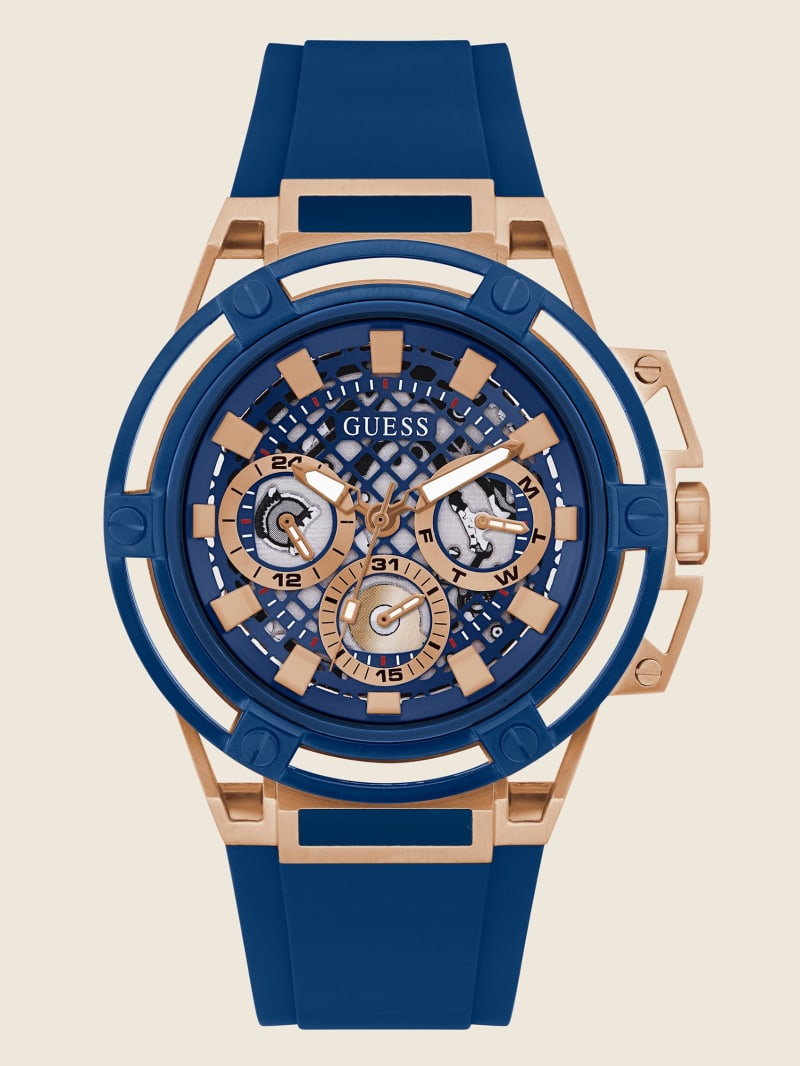 Guess Blue and Rose Gold-Tone Multifunction Men's Watches Blue | 5194-YCAMQ