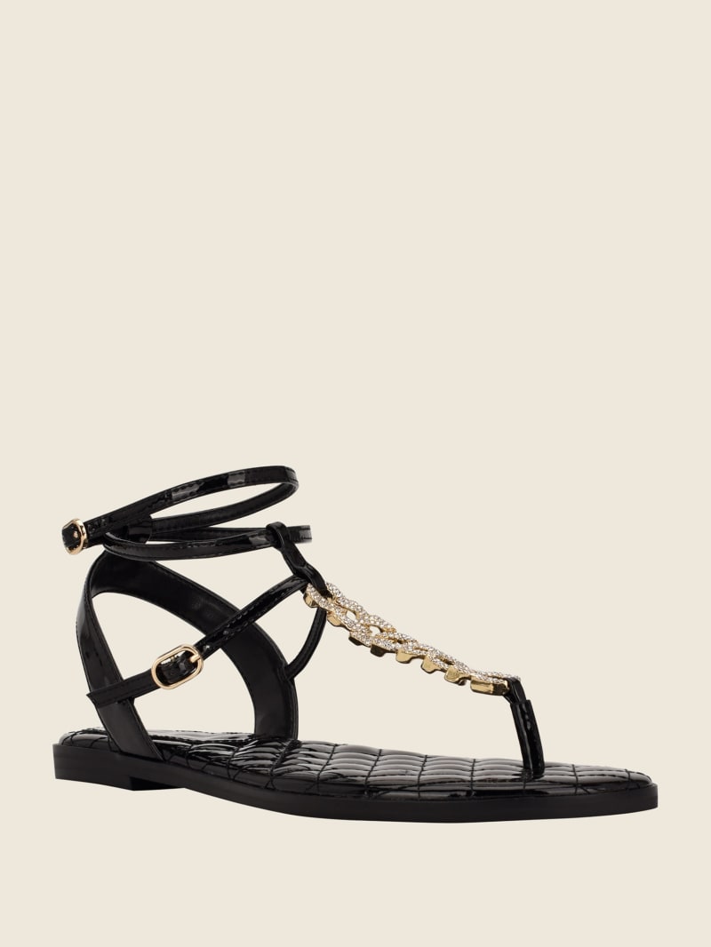 Guess Brighti Chain T-Strap Women's Sandals Black | 2467-DZKPH