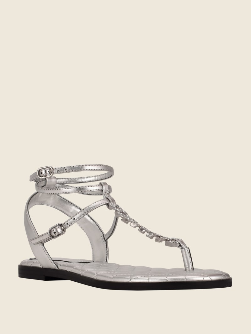 Guess Brighti Chain T-Strap Women's Sandals Silver | 6390-LIUDX