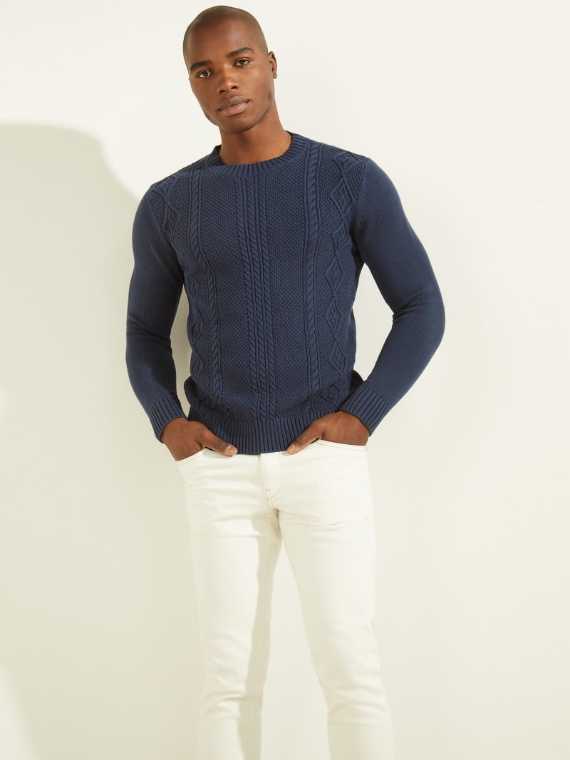 Guess Cable-Knit Crewneck Men's Sweaters Blue | 9628-CNIGW