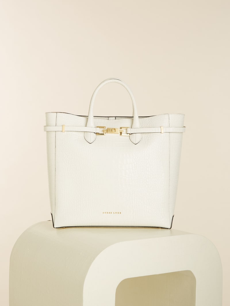 Guess Cristina Croc Leather Women's Tote Bags White | 7831-IXWEK