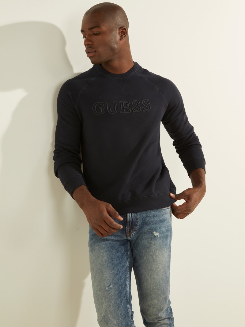 Guess Eco Aldwin Logo Crew Men's Sweatshirts Deep Blue | 8716-WXFQM