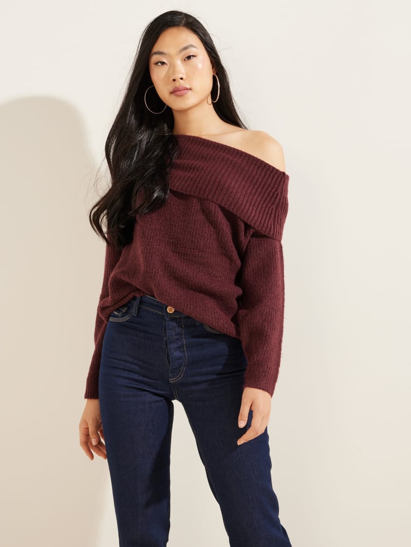 Guess Eco Gerri Off-the-Shoulder Women's Sweaters Burgundy | 3579-PTYXA