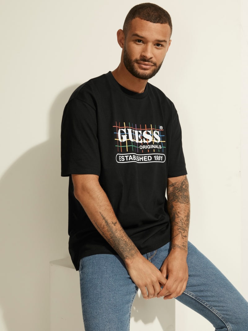 Guess GUESS Originals Rainbow Grid Tee Men's T Shirts Black | 0714-FXSMP