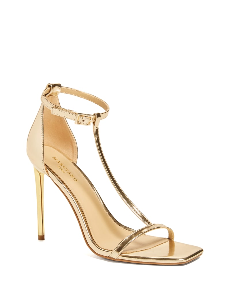 Guess Heeled T-Strap Women's Sandals Gold | 5489-HFJDZ