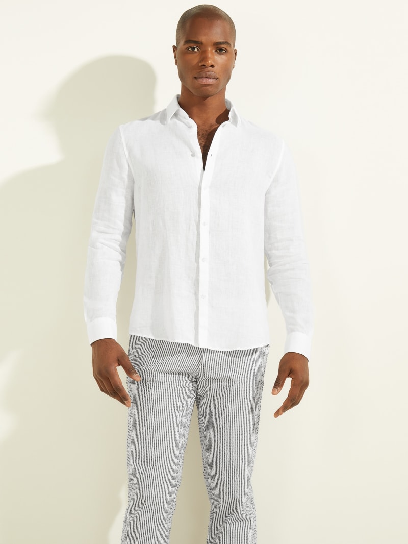 Guess Linen Italian Notched Cuff Men's Shirts White | 0538-WORHL