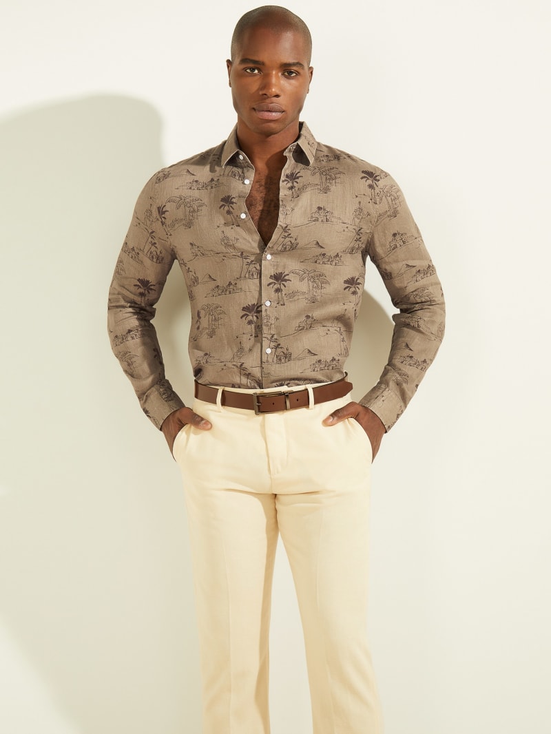 Guess Linen Italian Notched Cuff Men's Shirts Brown | 0865-IDYRK