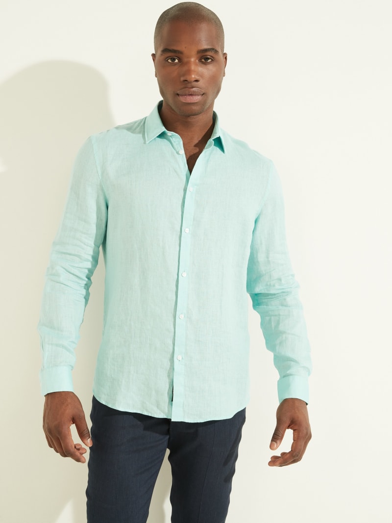 Guess Linen Italian Notched Cuff Men's Shirts Blue | 0958-ZQFJY