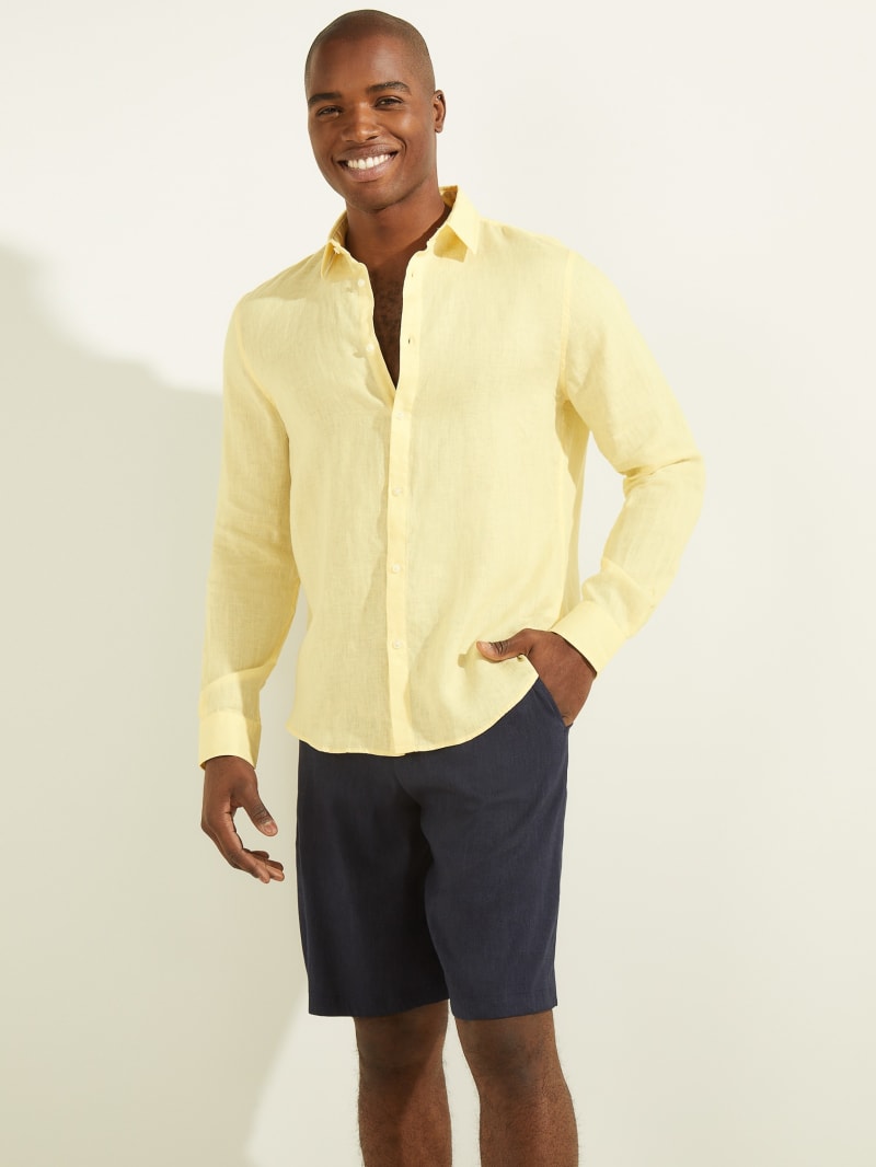 Guess Linen Italian Notched Cuff Men's Shirts Yellow | 4091-EWTXZ