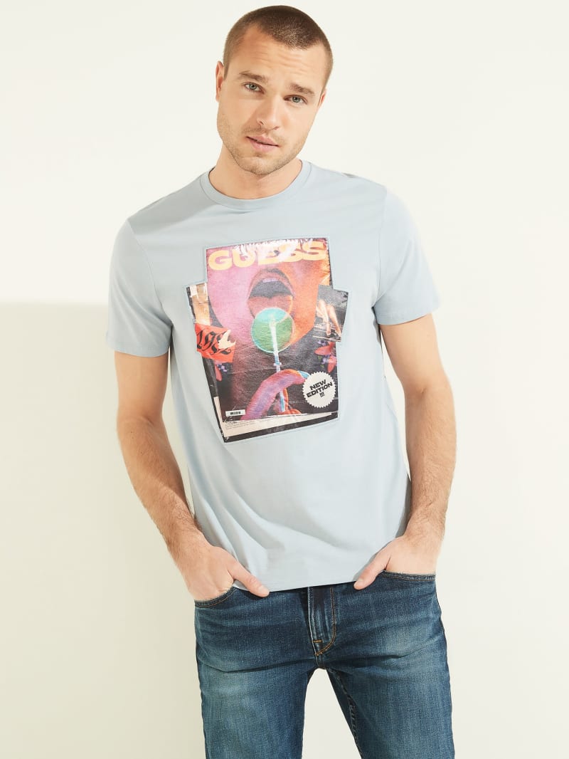 Guess Magazine Tee Men's T Shirts Blue | 6104-TUOYN