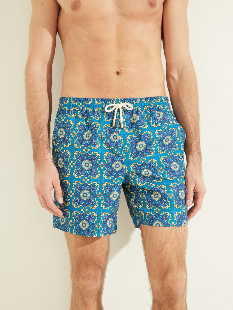 Guess Mosaic Swim Trunks Men's Swimwear Blue | 6579-WBZVF