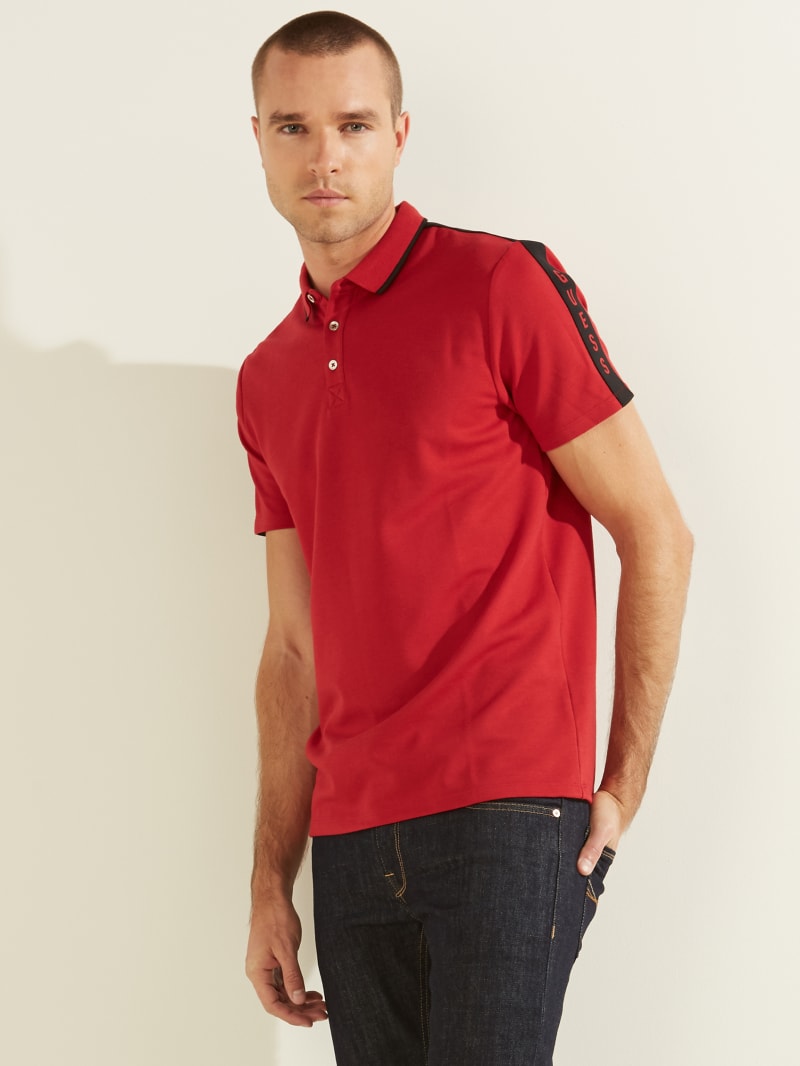 Guess Pique Logo Tape Men's Shirts Red | 1596-RNVKT