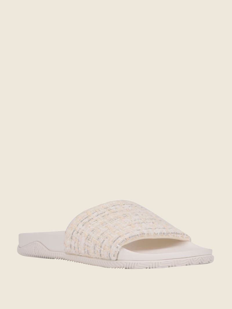 Guess Ravan Tweed Pool Women's Slides Beige | 5984-SKNUQ