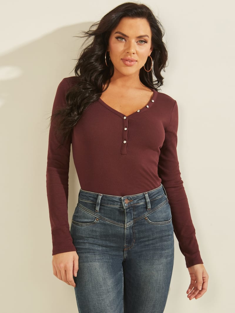 Guess Rhinestone Logo Henley Women's Tops Burgundy | 2465-OQZUN