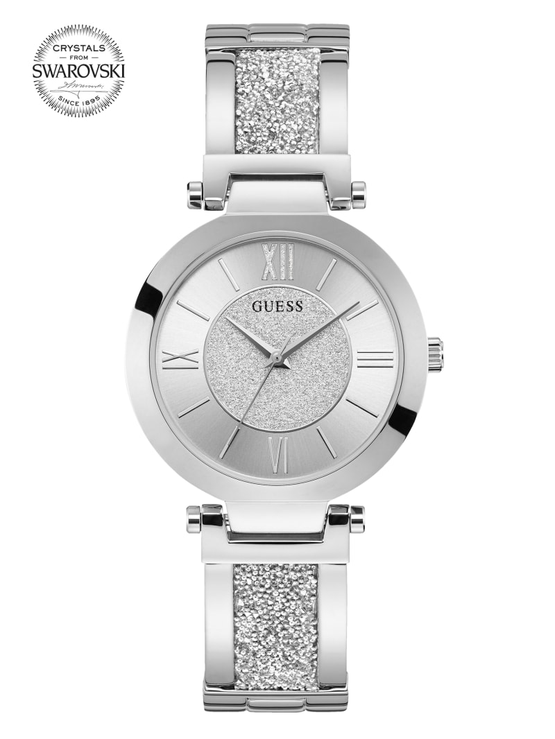 Guess Silver-Tone Crystal Bangle Analog Women's Watches Silver | 8637-VBJEL