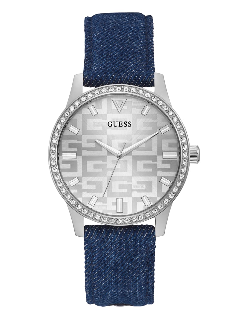 Guess Silver-Tone and Denim Logo Analog Women's Watches Blue | 7831-ZVBRD