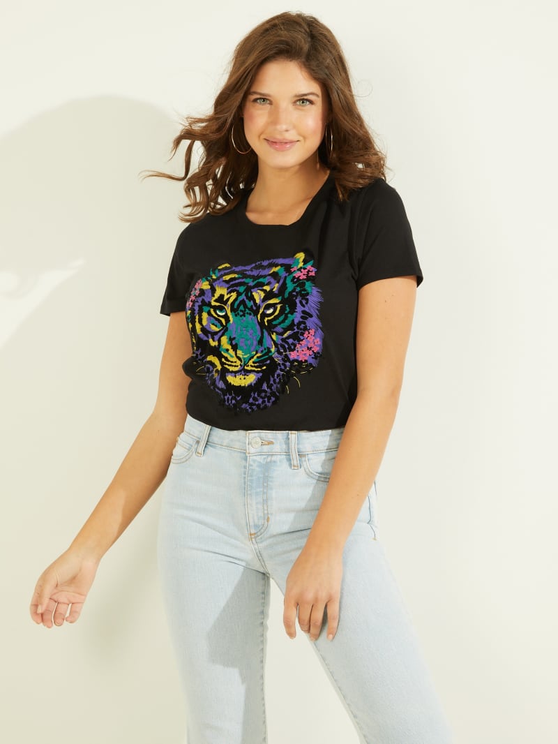 Guess Tiger Graphic Tee Women's Tops Black | 5302-SYMON