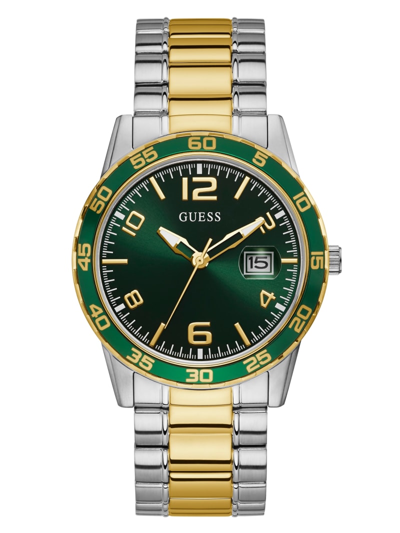 Guess Two-Tone Metal And Green Dial Analog Men's Watches Silver | 6972-AGTSV