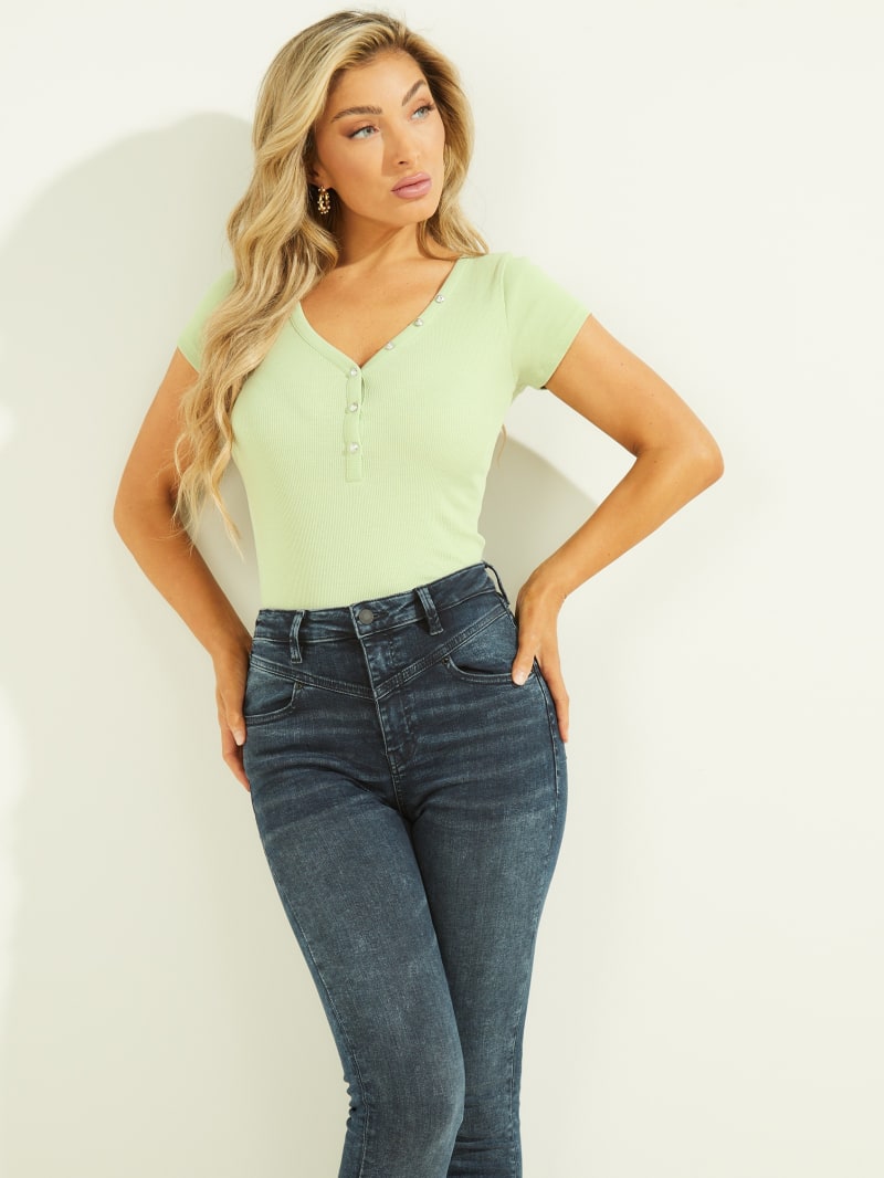 Guess V-Neck Henley Tee Women's Tops Mint | 6740-ELXFR