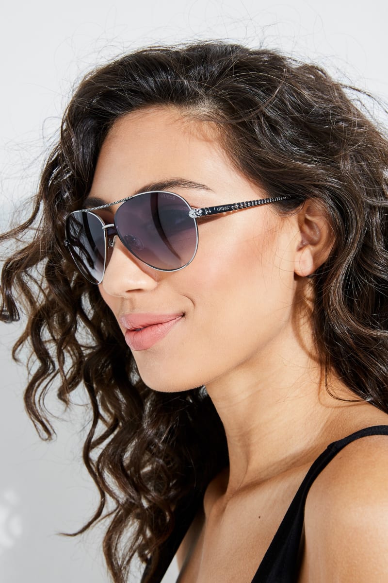 Guess Catherine Rhinestone Aviator Women's Sunglasses Silver | 3680-XVUNQ