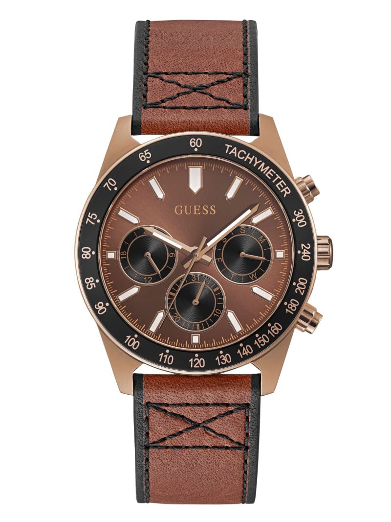 Guess Coffee-Tone and Brown Leather Multifunction Men\'s Watches Brown | 7634-FAGMB