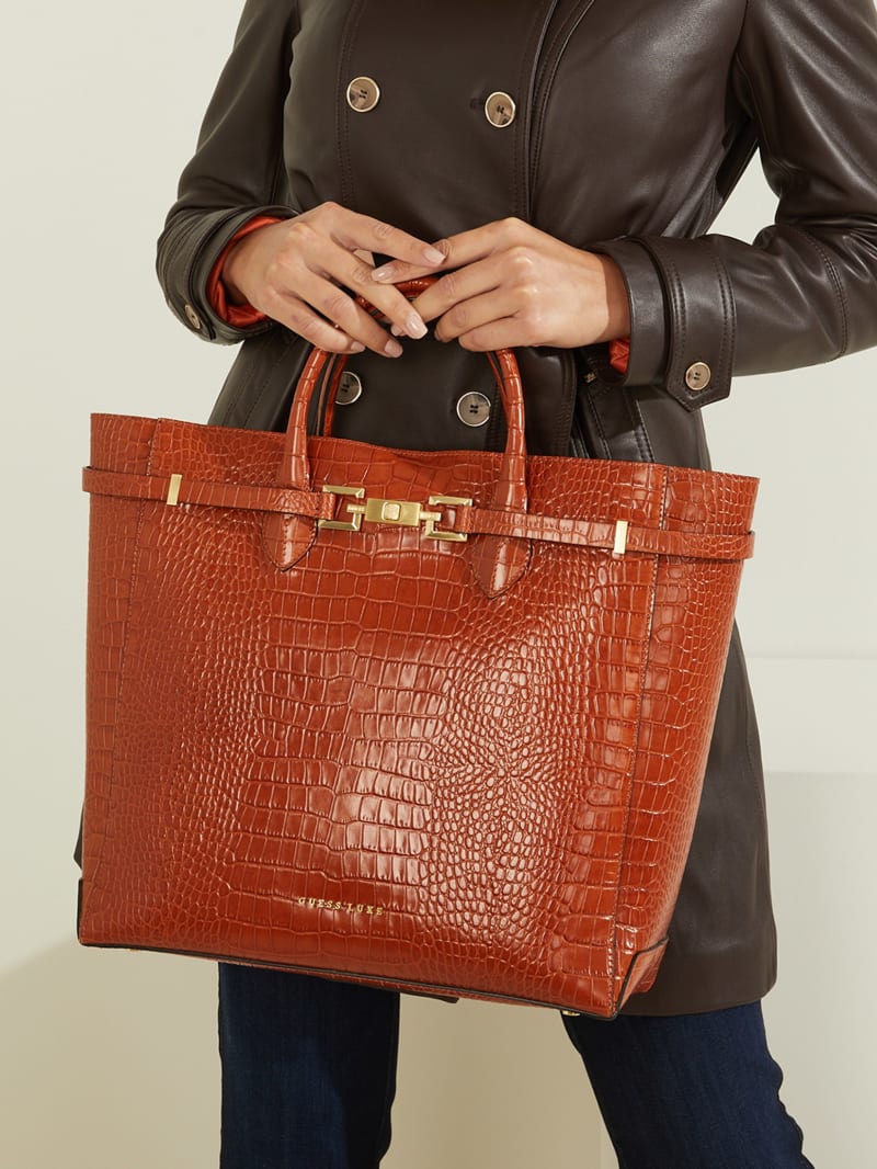 Guess Cristina Croc Leather Women's Tote Bags Brown | 1987-LQAED