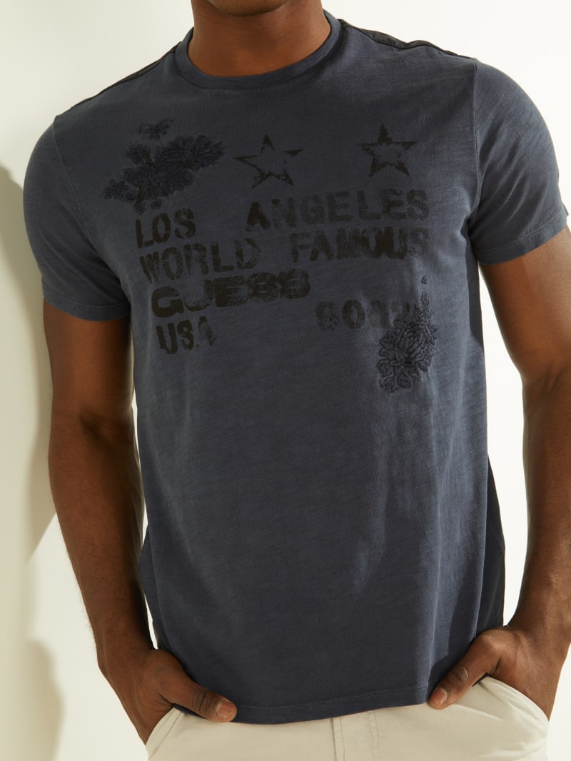 Guess David Embroidered Tee Men's T Shirts Blue | 1032-PCTOW