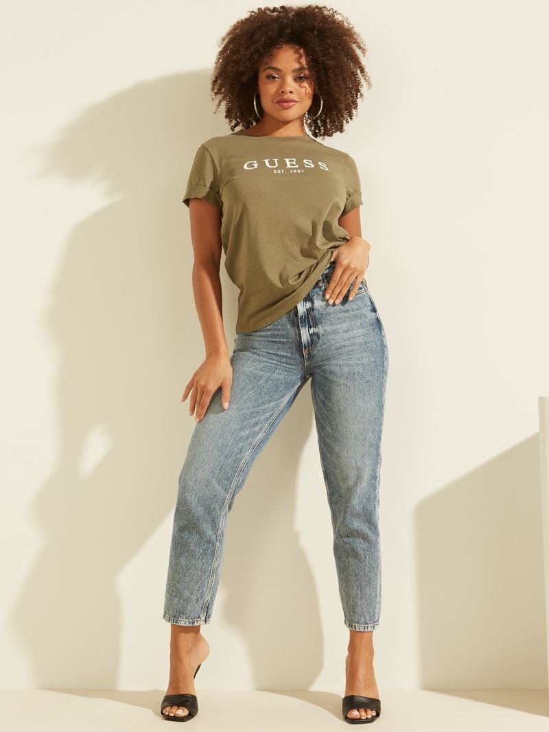 Guess Eco 1981 Rolled Cuff Logo Tee Women's Tops Olive | 4068-CIPRH