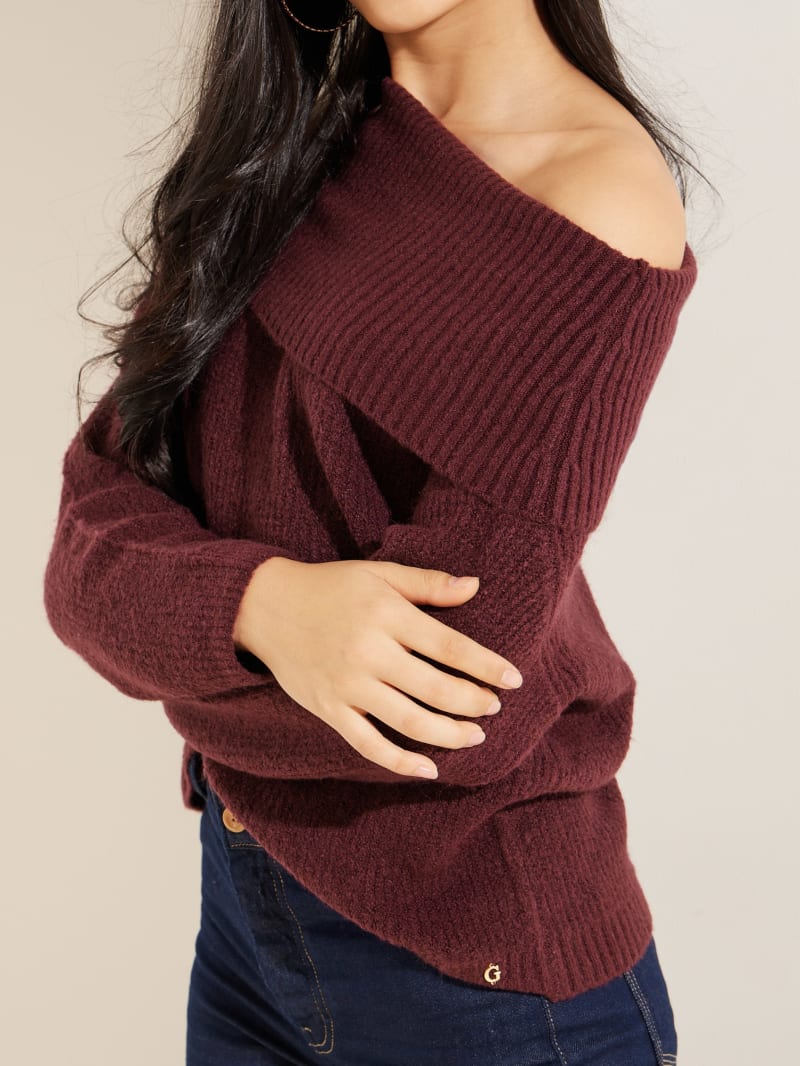 Guess Eco Gerri Off-the-Shoulder Women's Sweaters Burgundy | 3579-PTYXA