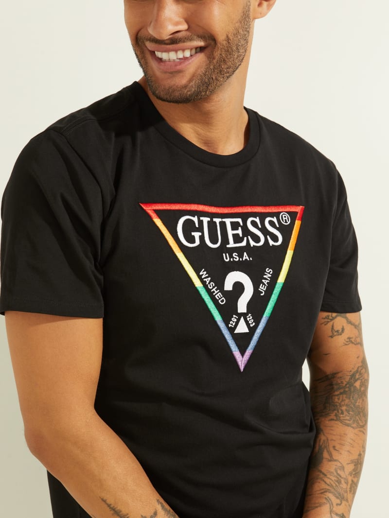 Guess Embroidered Rainbow Logo Tee Men's T Shirts Black | 8154-AOYLK