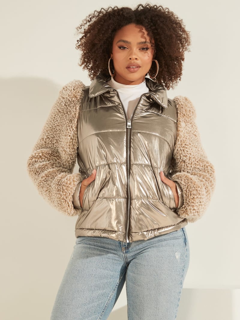 Guess Fabrizia Contrast Puffer Women's Jackets Silver | 0314-SFDCQ