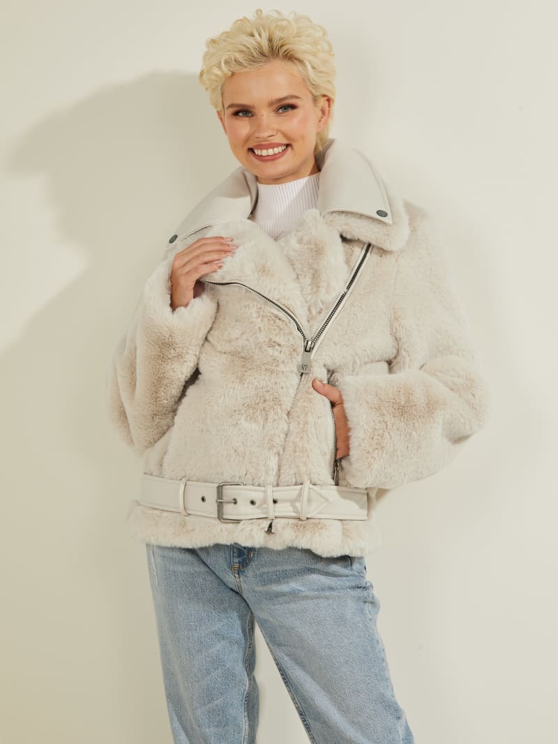 Guess Frida Faux-Fur Biker Women's Coats Cream White | 9842-XLIGB