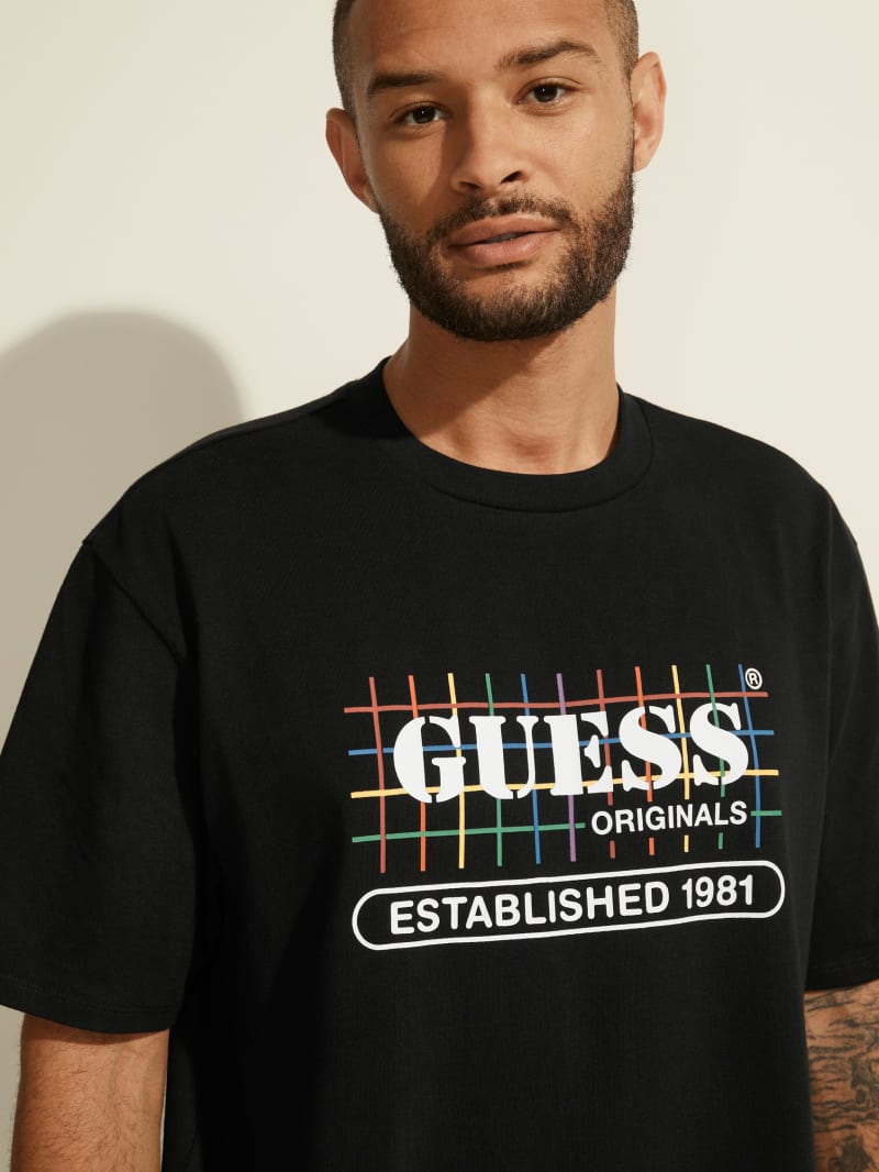 Guess GUESS Originals Rainbow Grid Tee Men's T Shirts Black | 0714-FXSMP