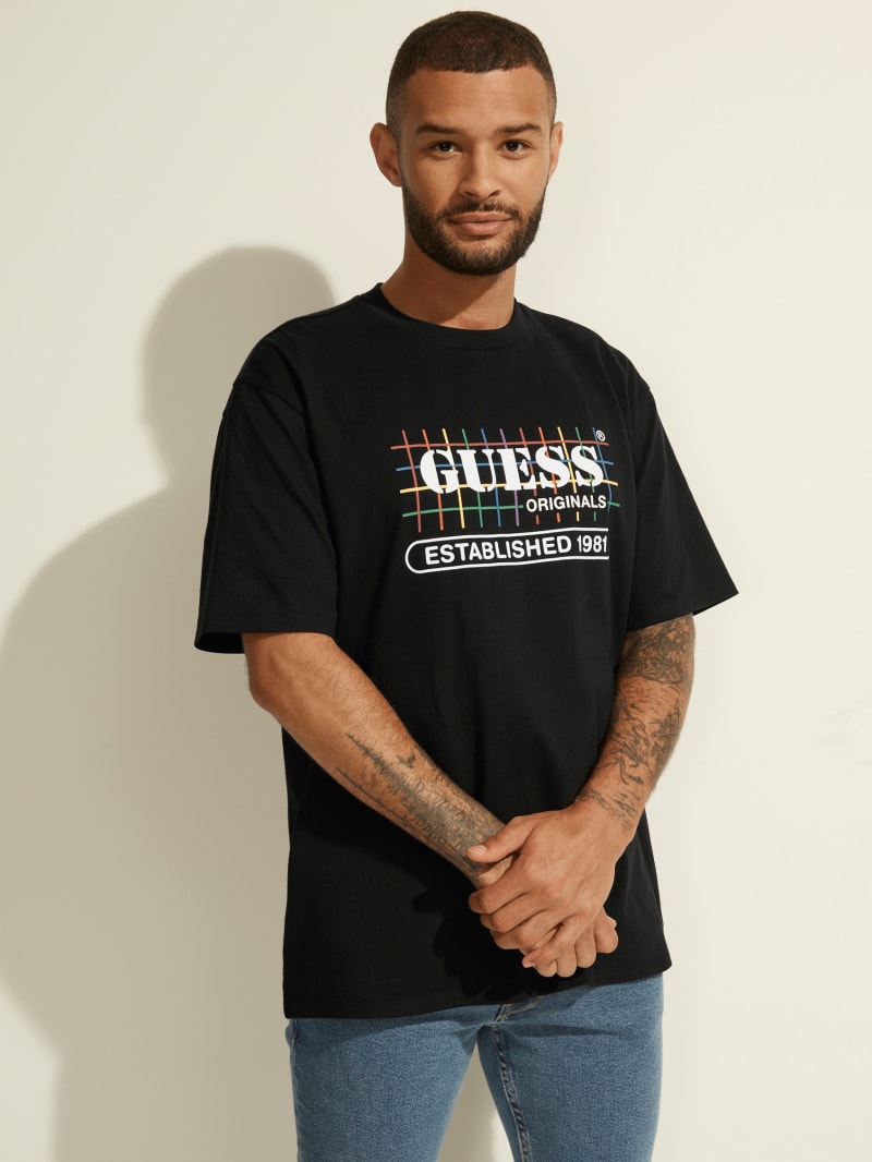 Guess GUESS Originals Rainbow Grid Tee Men's T Shirts Black | 0714-FXSMP