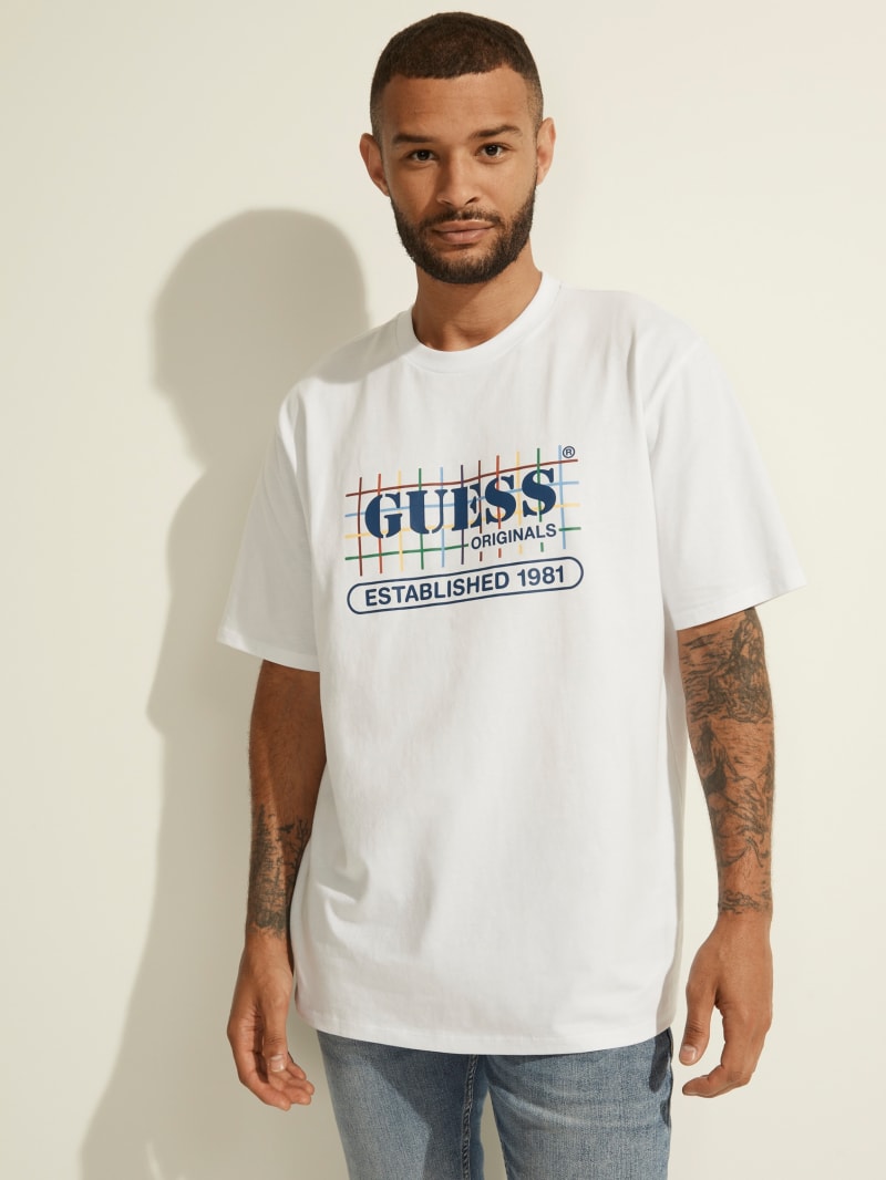 Guess GUESS Originals Rainbow Grid Tee Men's T Shirts White | 3876-JCFNO