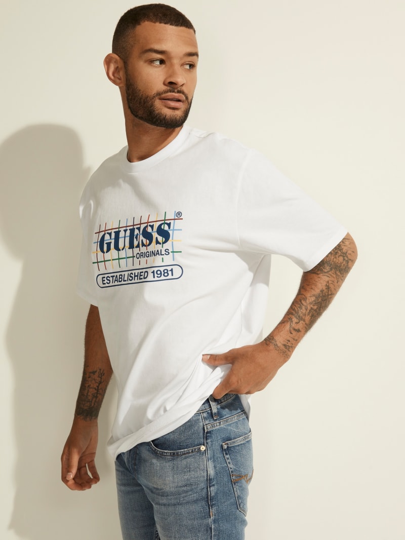 Guess GUESS Originals Rainbow Grid Tee Men's T Shirts White | 3876-JCFNO