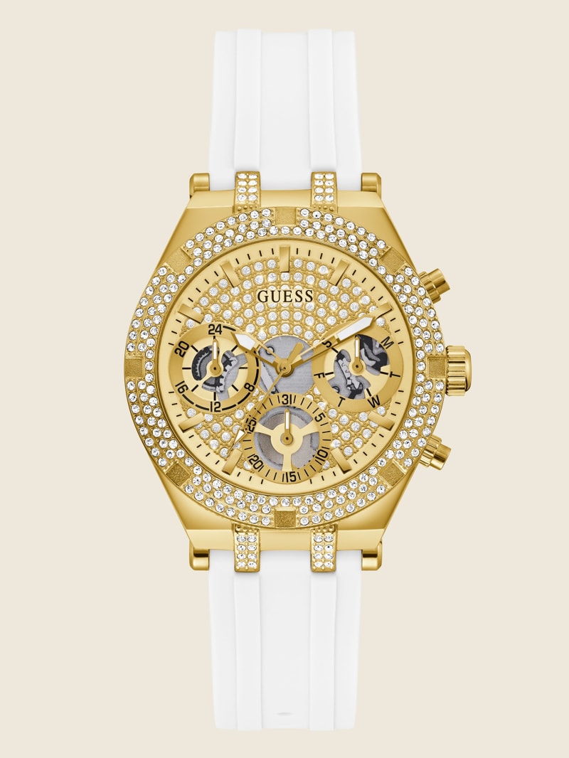 Guess Gold-Tone and White Silicone Multifunction Women\'s Watches Gold | 9258-CXIQO