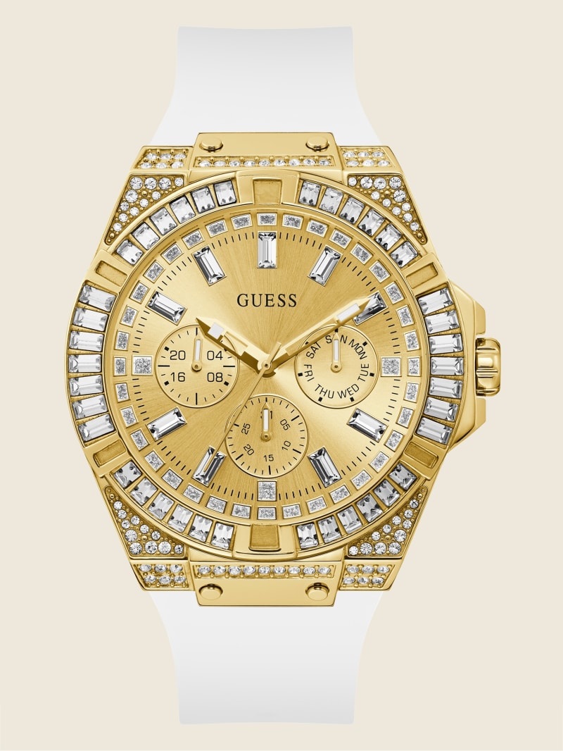 Guess Gold-Tone and Whiteuette Multifunction Men\'s Watches White | 2137-PDFMK