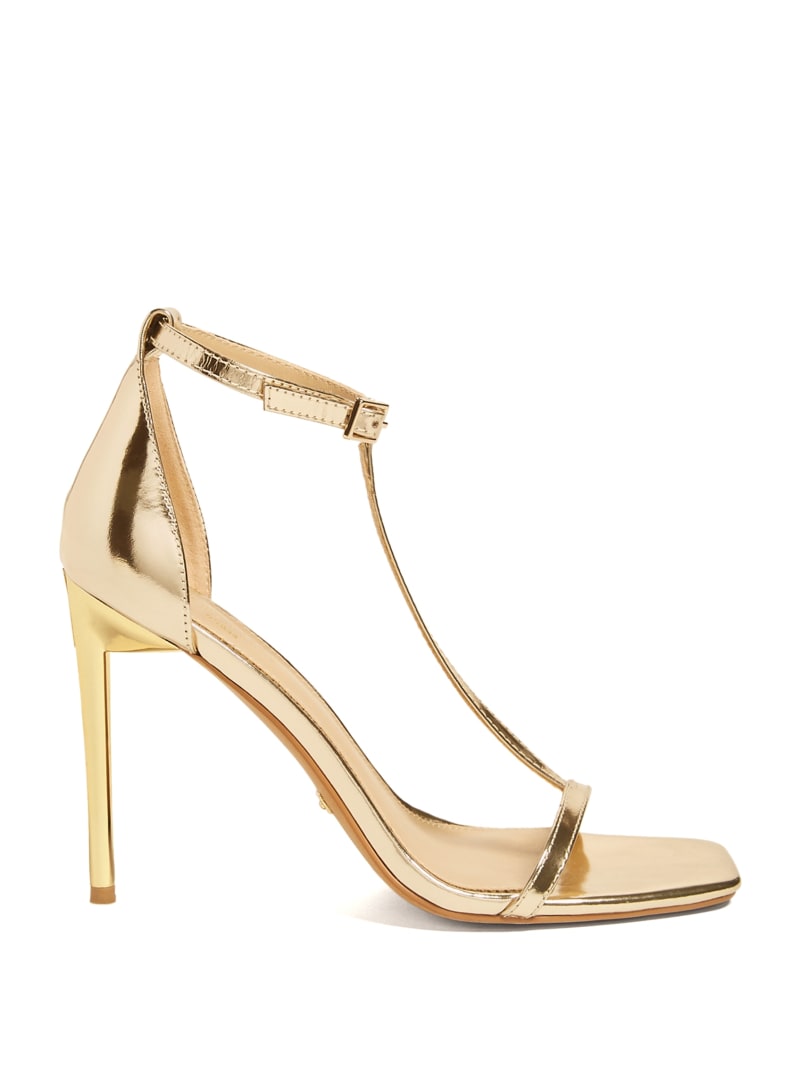 Guess Heeled T-Strap Women's Sandals Gold | 5489-HFJDZ