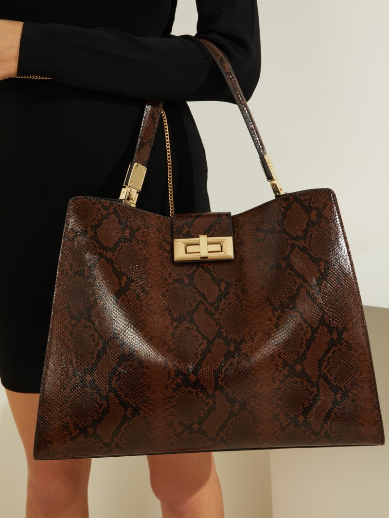 Guess Monia Python Print Leather Women's Satchel Bags Brown | 5192-WFITS