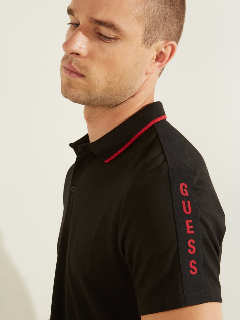 Guess Pique Logo Tape Men's Shirts Black | 6182-NIZDF