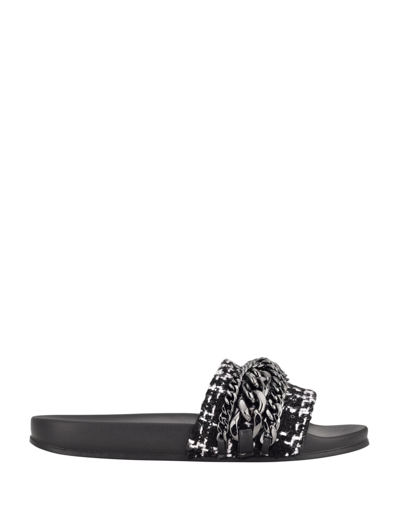 Guess Salema Chain Tweed Pool Women's Slides Black | 3412-PSYNG