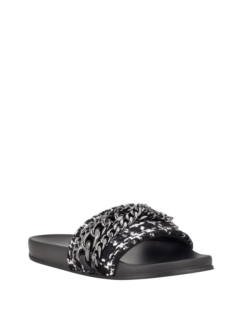 Guess Salema Chain Tweed Pool Women\'s Slides Black | 3412-PSYNG