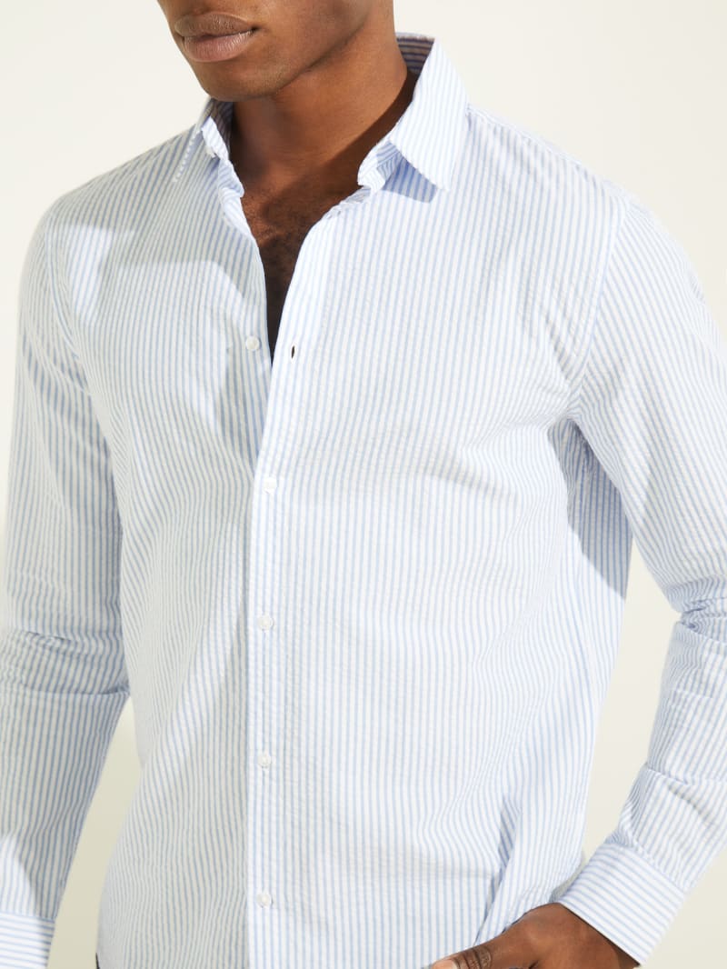 Guess Seersucker Italian Notched Cuff Men's Shirts Blue | 1326-CDPUL