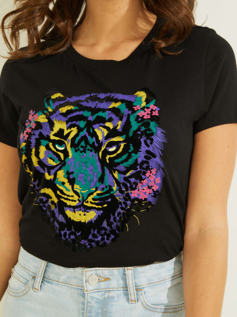 Guess Tiger Graphic Tee Women's Tops Black | 5302-SYMON