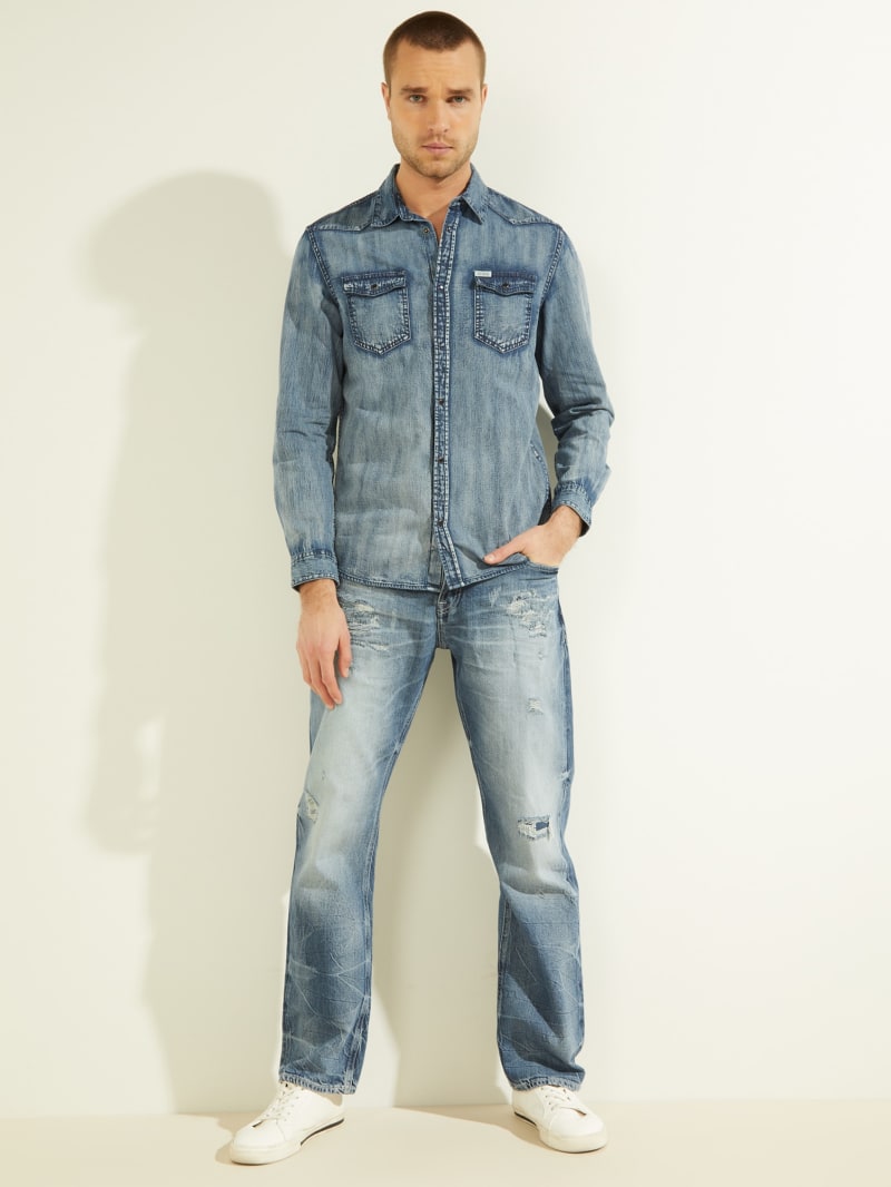 Guess Truckee Denim Men's Shirts Blue | 1854-OKTLJ