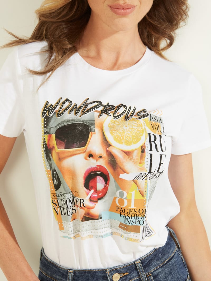 Guess Wondrous Magazine Graphic Tee Women's Tops White | 2906-PTDGZ